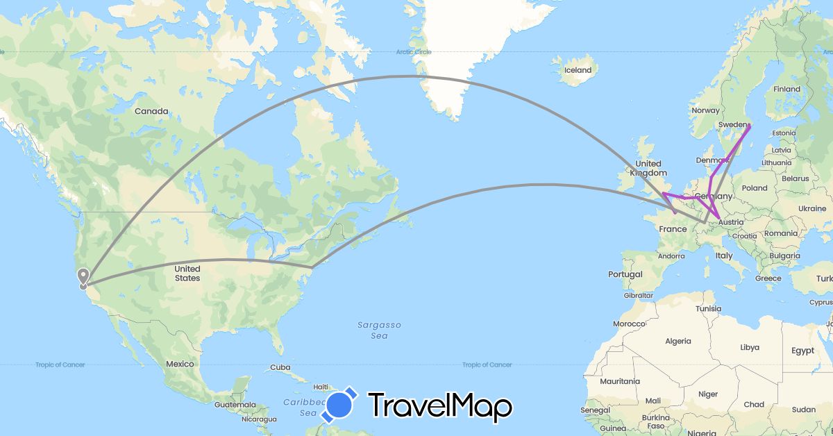 TravelMap itinerary: driving, plane, train in Belgium, Switzerland, Germany, Denmark, France, United Kingdom, Sweden, United States (Europe, North America)